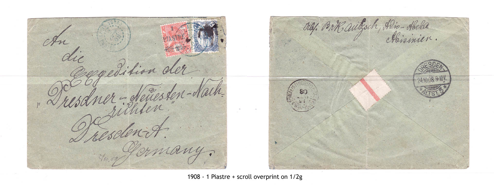 1908 - 1 Piastre + scroll overprint on 1-2g