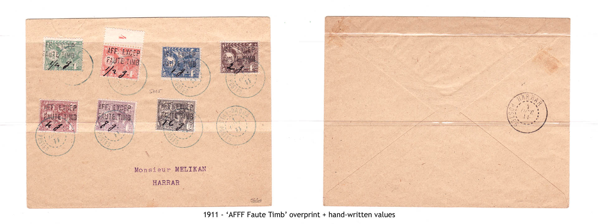 1911 - “AFFF Faute Timb” overprint + hand-written values