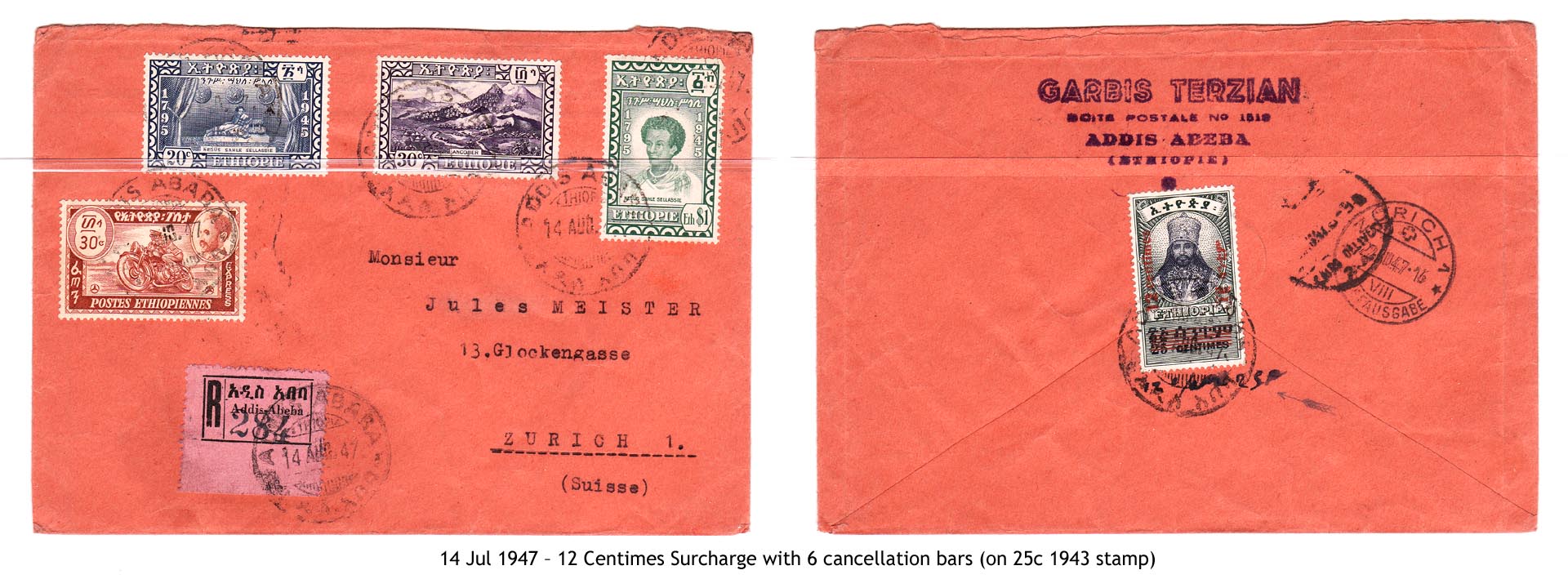 19470714 – 12 Centimes Surcharge with 6 cancellation bars (on 25c 1943 stamp)